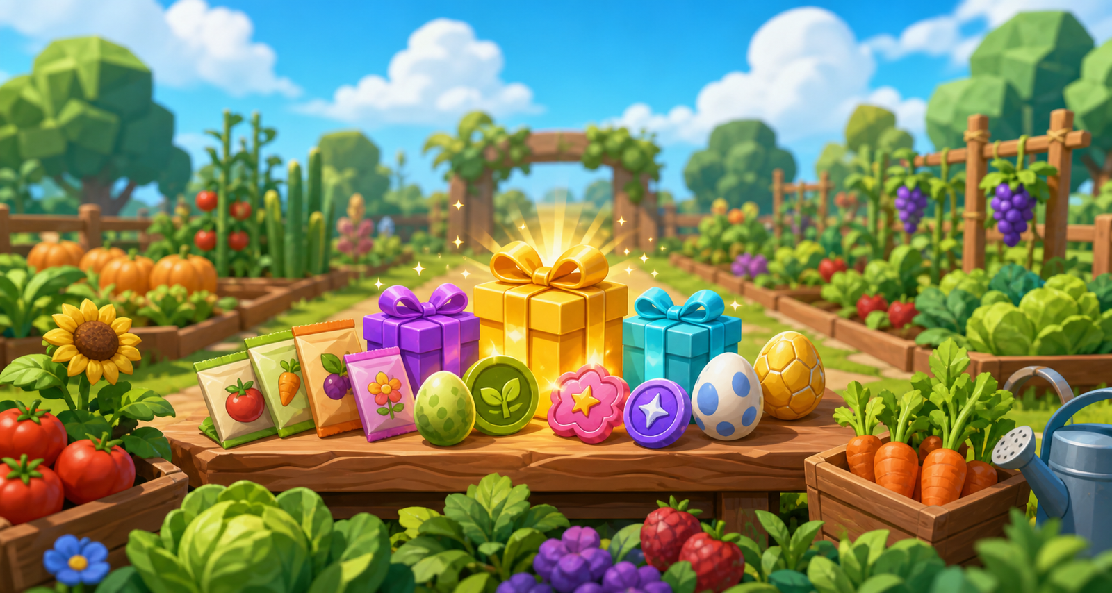 Stylized garden rewards with seed packets, gift boxes, eggs, and crops